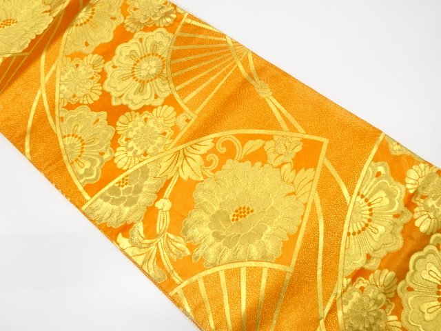 扇に牡丹唐草・花模様織り出しリバーシブル全通袋帯